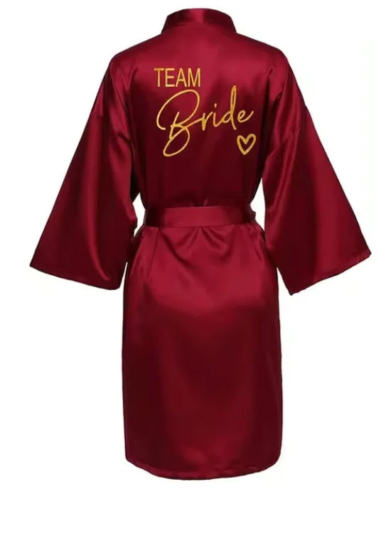 Satin Bridal Party Robe with Gold Lettering | Kimono Bathrobe for Bride & Bridesmaids — Wedding Morning Essential