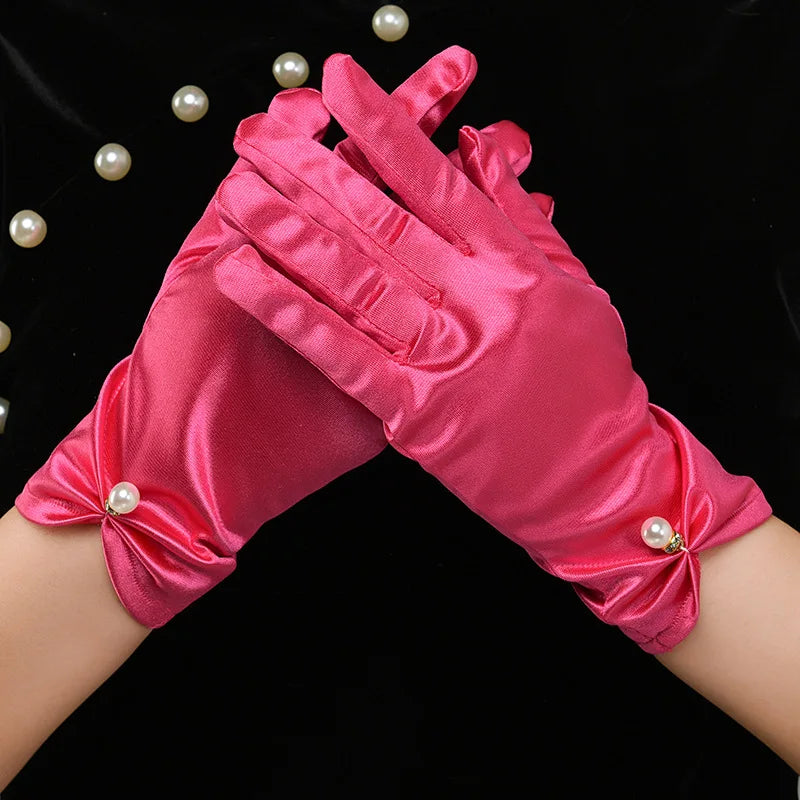 Elegant White Satin Bridal Gloves with Pearl & Bow Detail