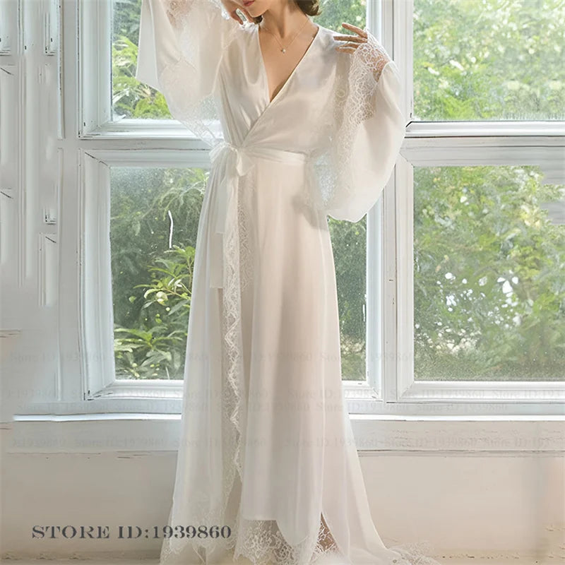 White Lace-Trim Bridal Robe | Ankle-Length Ice Silk Kimono Gown for Brides