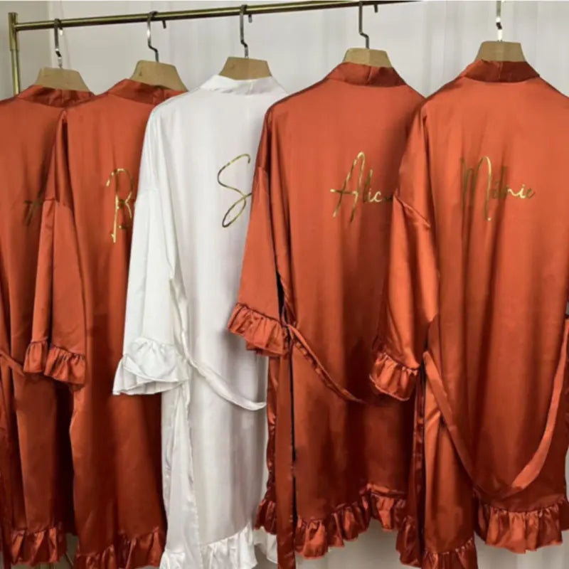 Personalized Ruffled Satin Bridesmaid Robe | Custom Name & Role | Luxury Kimono for Wedding Party