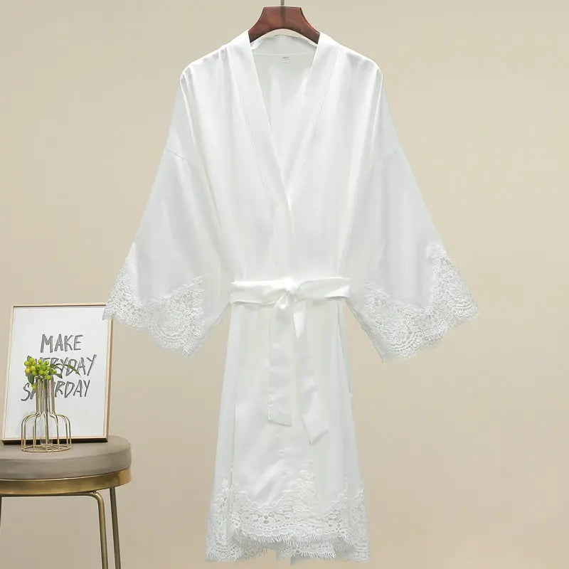 Lace-Trim Satin Bridal Robe | Long Kimono Dressing Gown for Brides & Bridesmaids