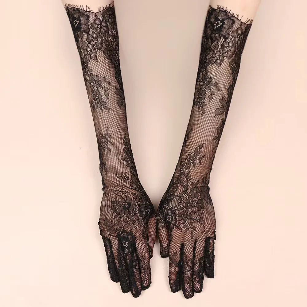 Black Lace Bridal Gloves – Sheer Long Floral Evening Gloves for Wedding & Special Occasions