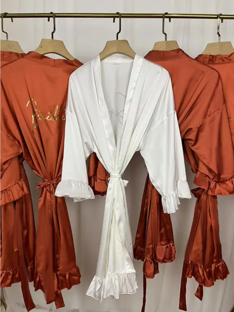 Personalized Ruffled Satin Bridesmaid Robe | Custom Name & Role | Luxury Kimono for Wedding Party