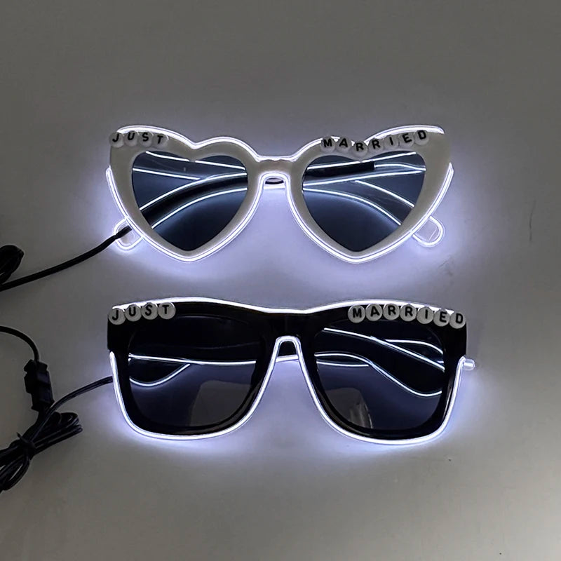 LED Glowing "Just Married" Heart Glasses – Bridal Party & Wedding Celebration Novelty Sunglasses