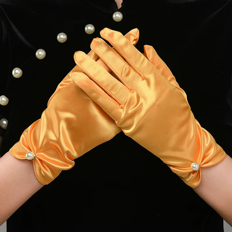Elegant White Satin Bridal Gloves with Pearl & Bow Detail