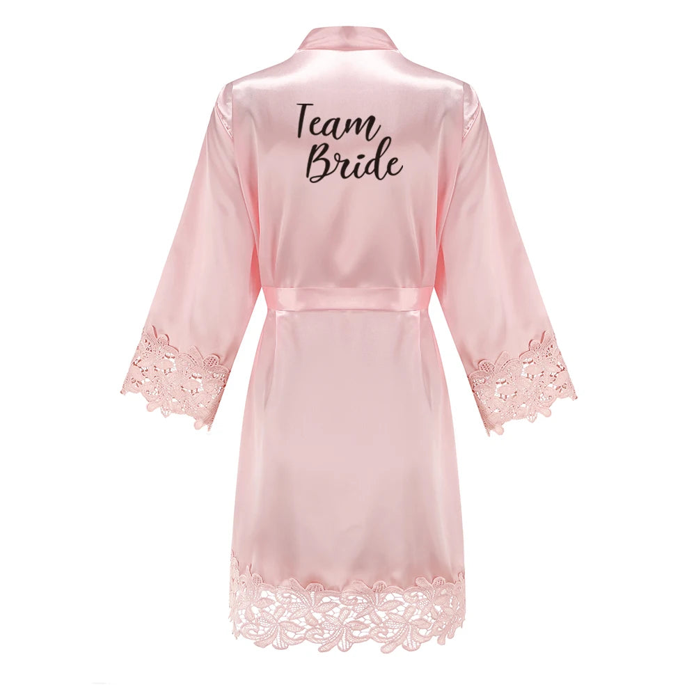 Rose Gold Satin Lace Bridesmaid Robe | Elegant Dressing Gown for Bride & Wedding Party — Bachelorette Gift