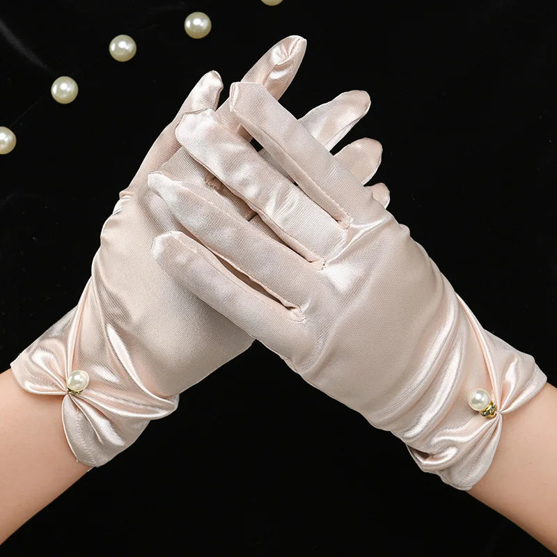 Elegant White Satin Bridal Gloves with Pearl & Bow Detail