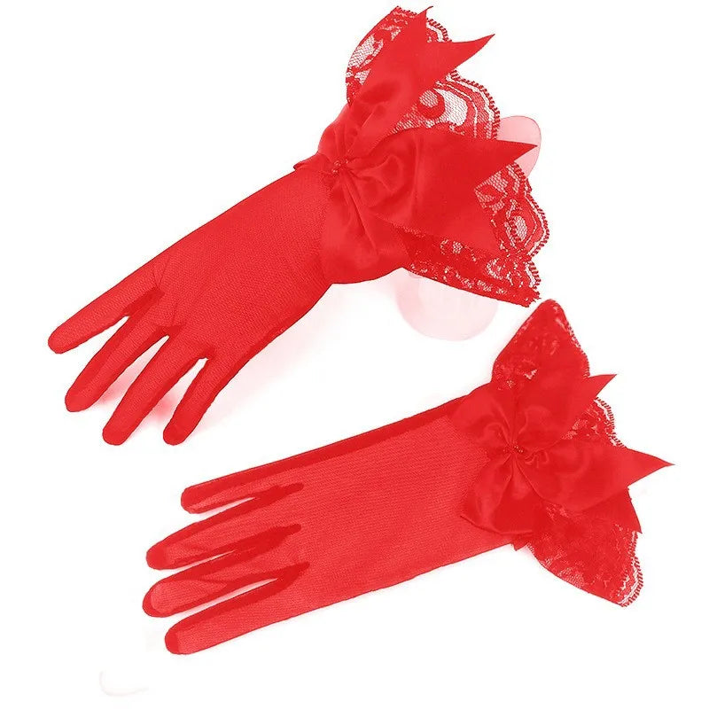 Women's Satin Lace Bow Bridal Gloves – Wrist Length | Wedding & Party Accessory