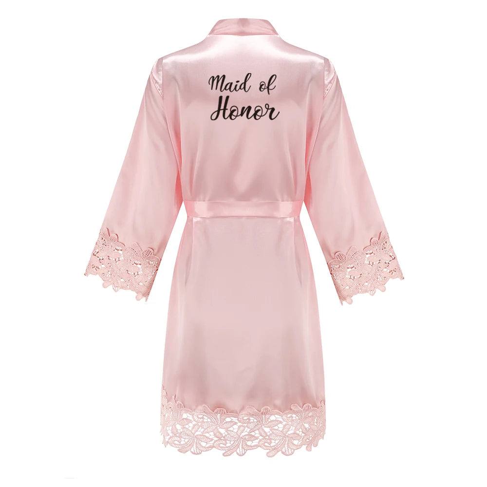Rose Gold Satin Lace Bridesmaid Robe | Elegant Dressing Gown for Bride & Wedding Party — Bachelorette Gift