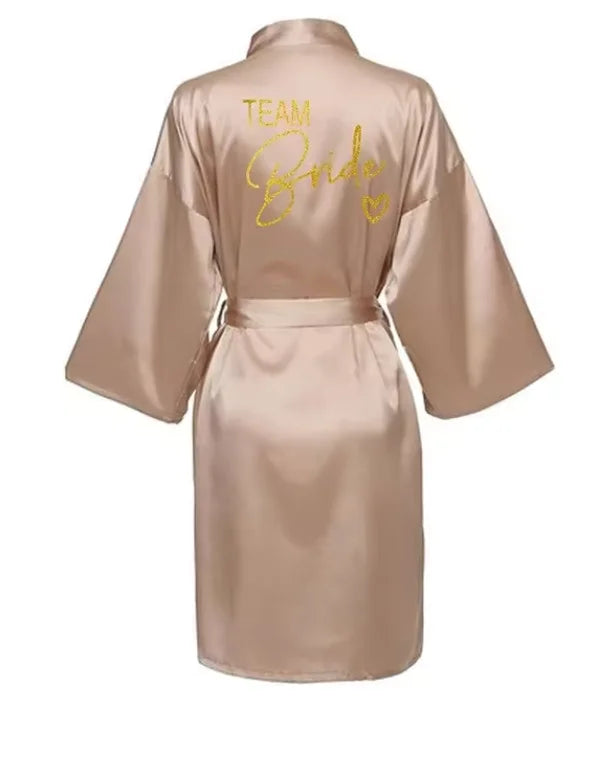 Satin Bridal Party Robe with Gold Lettering | Kimono Bathrobe for Bride & Bridesmaids — Wedding Morning Essential