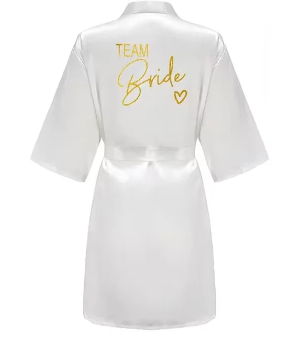 Satin Bridal Party Robe with Gold Lettering | Kimono Bathrobe for Bride & Bridesmaids — Wedding Morning Essential