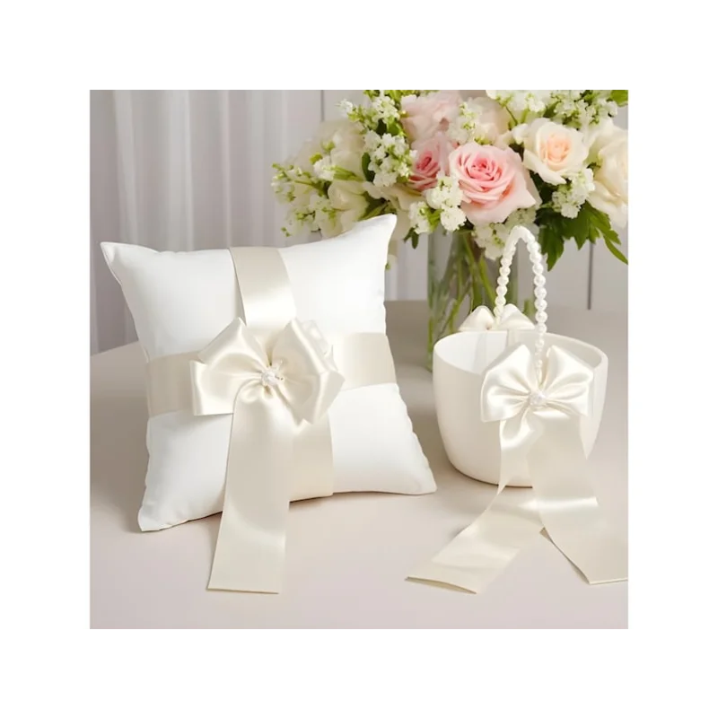 Wedding Ring Bearer Pillow & Flower Girl Basket — Ivory Satin with Pearl & Bow Ceremony Decor