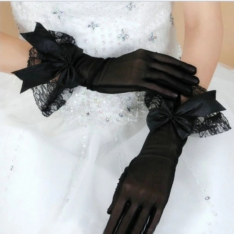 Women's Satin Lace Bow Bridal Gloves – Wrist Length | Wedding & Party Accessory