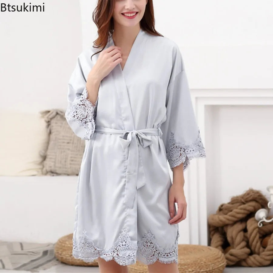 Lace-Trim Satin Bridal Robe | Long Kimono Dressing Gown for Brides & Bridesmaids