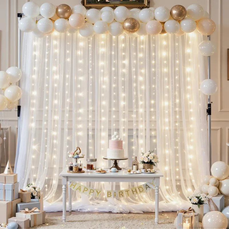 Tulle Backdrop Curtains with Fairy Lights – 3-Piece Wedding & Bridal Shower Decor Set
