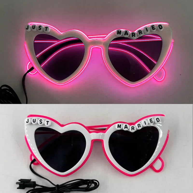 LED Glowing "Just Married" Heart Glasses – Bridal Party & Wedding Celebration Novelty Sunglasses