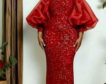 Elegant Red Maxir Sequin Dress with Ruffled Sleeves