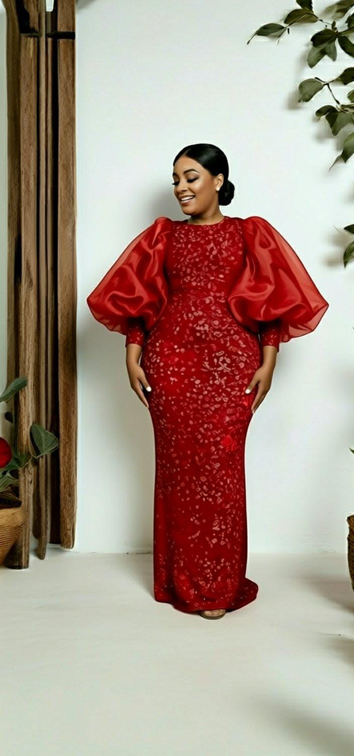 Elegant Red Maxir Sequin Dress with Ruffled Sleeves