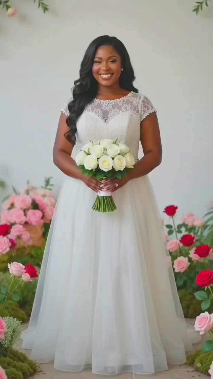Elegant Plus Size Women  Short Sleeves  Wedding Gown