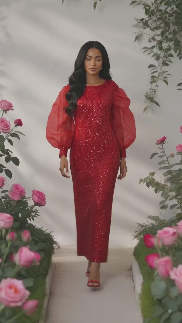 Elegant Red Maxi Sequin Dress with Ruffled Sleeves