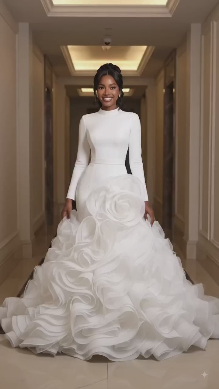 Plus Size Long Sleeve High Neck Ruffle Ball Gown – Ivory – Made to Order
