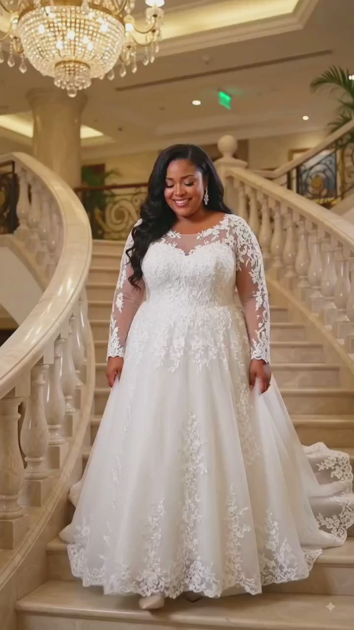 Elegant Plus Size long sleeves Wedding Gown