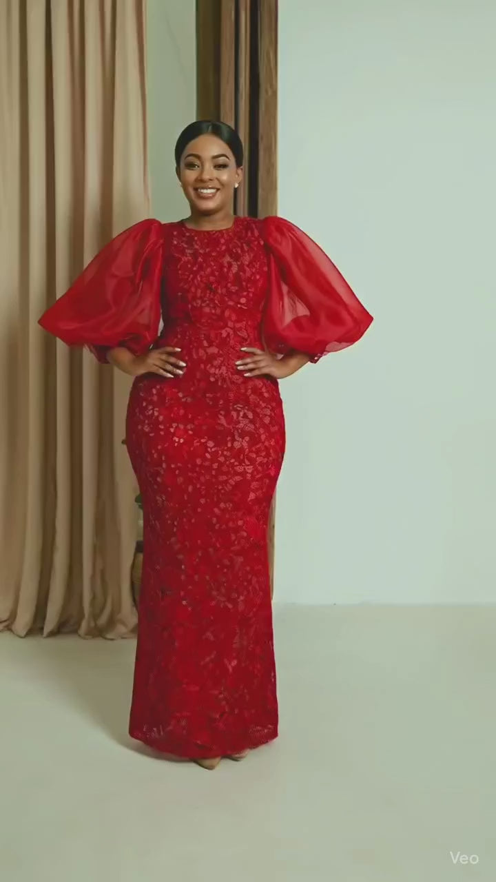 Elegant Red Maxir Sequin Dress with Ruffled Sleeves