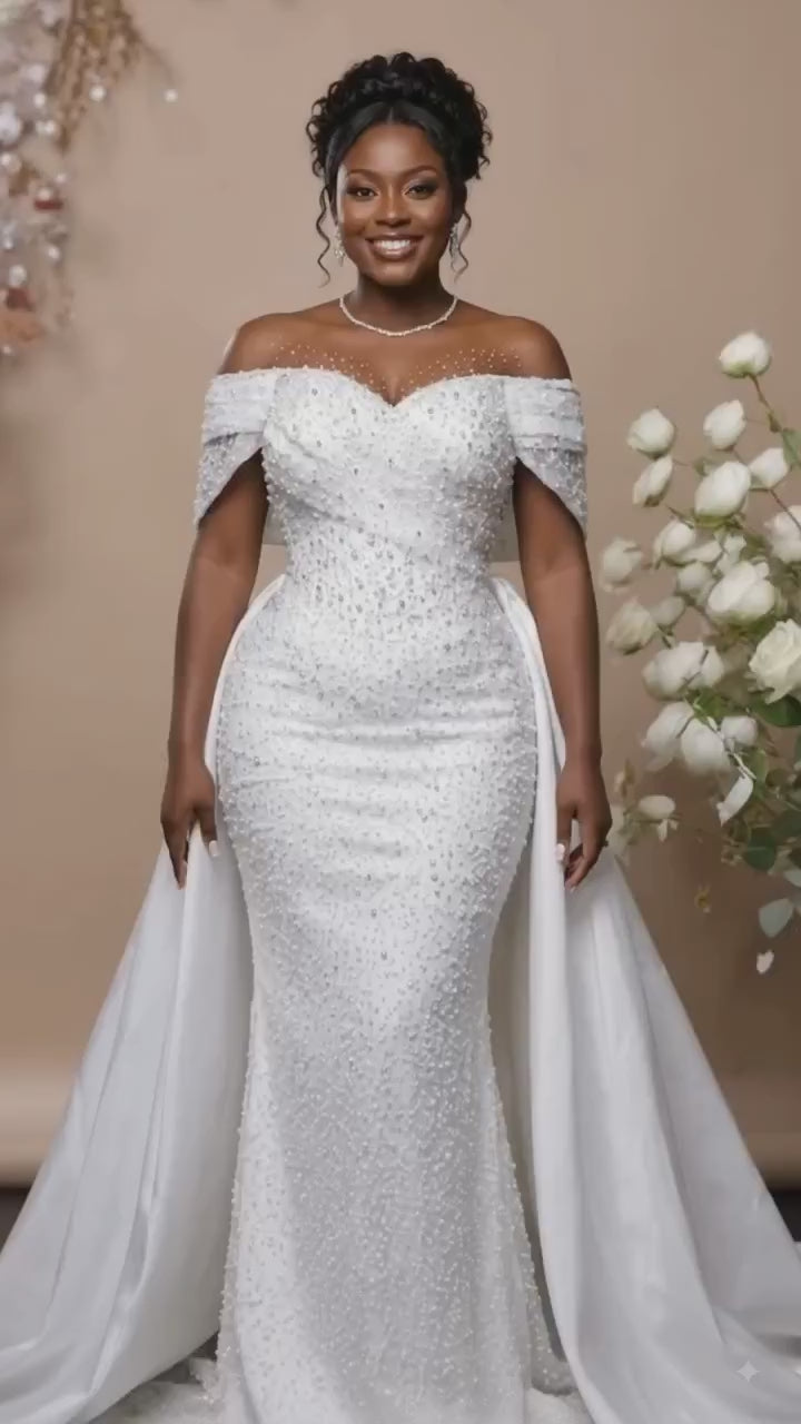 Off-Shoulder Plus Size Wedding Gown with Detachable Train