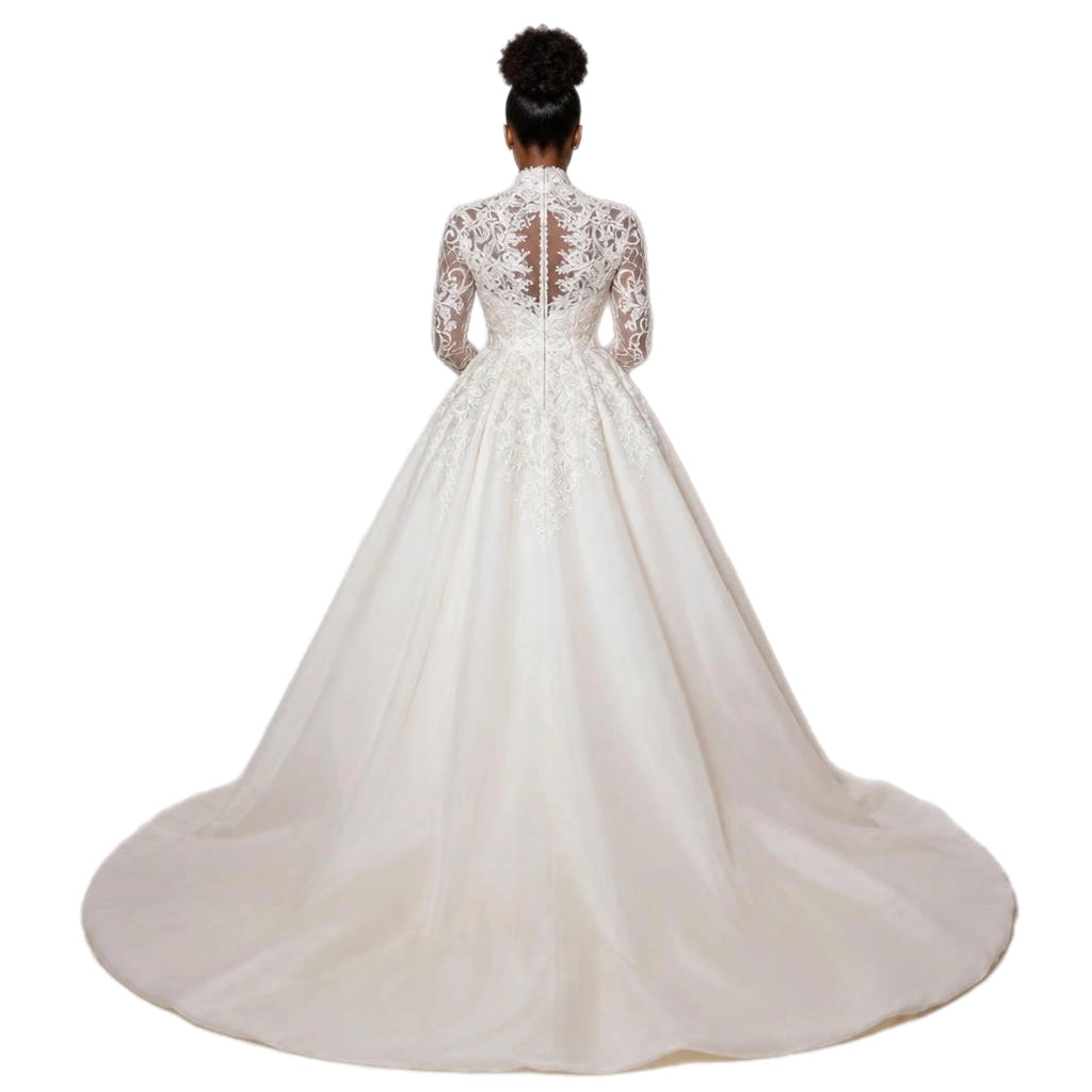 High Neck Lace Long Sleeve Plus Size Wedding Gown with Detachable lace Train
