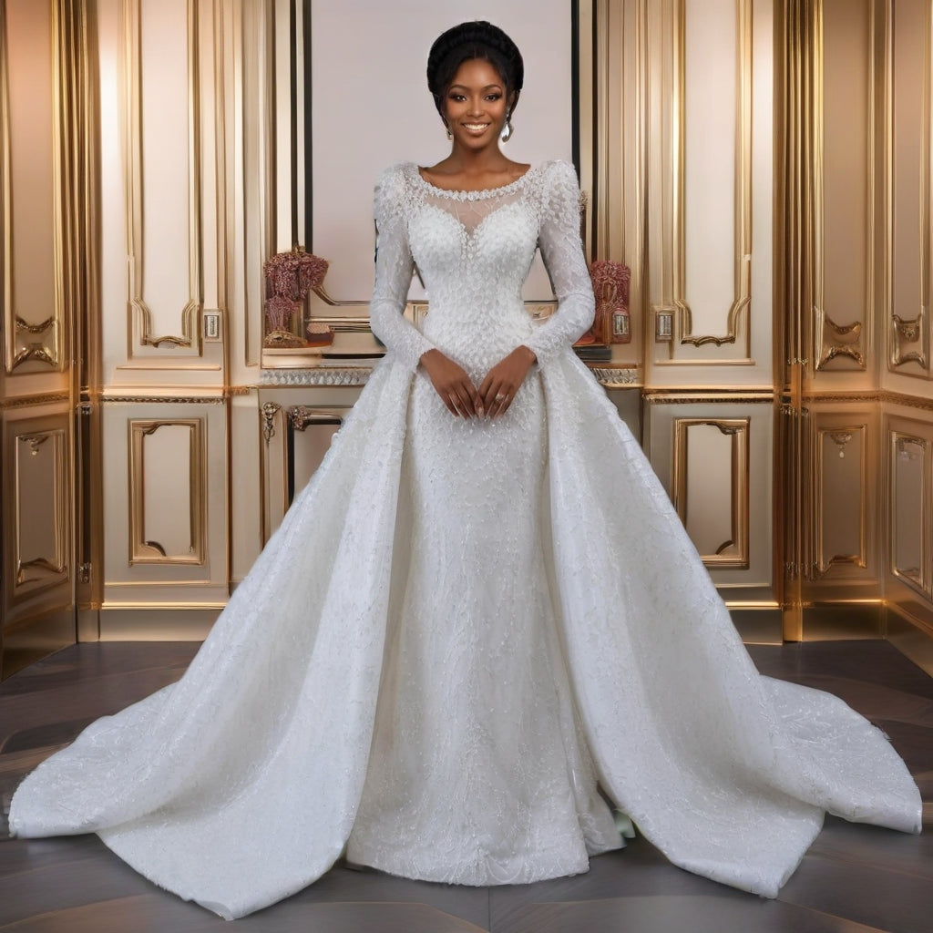 Luxury Pearl Beaded White Sheath Ball Gown Vintage Royal Wedding Dress