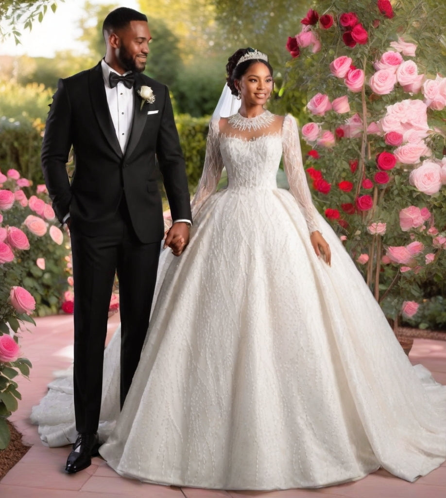 Crystal High Neck Ball Gown – Plus Size Wedding Dress with Long Sleeves & Cathedral Train