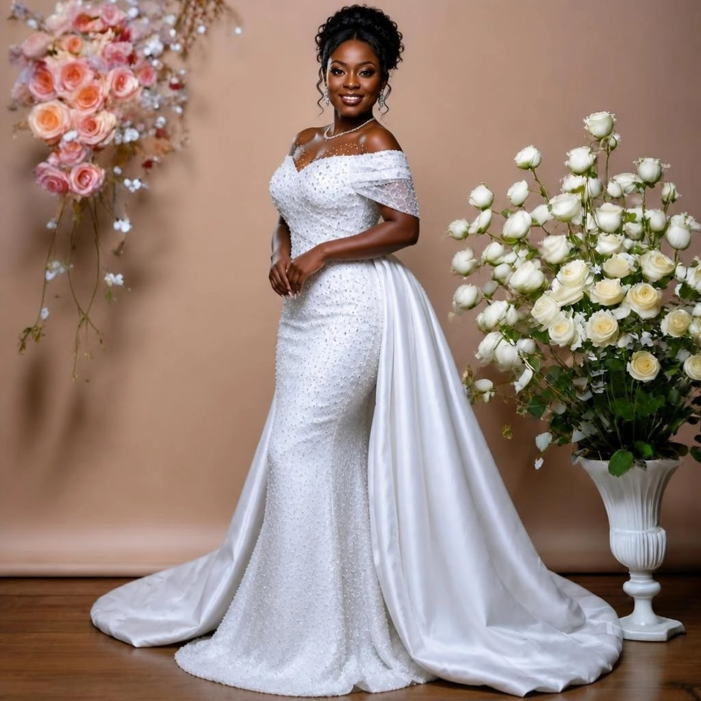 Off-Shoulder Plus Size Wedding Gown with Detachable Train