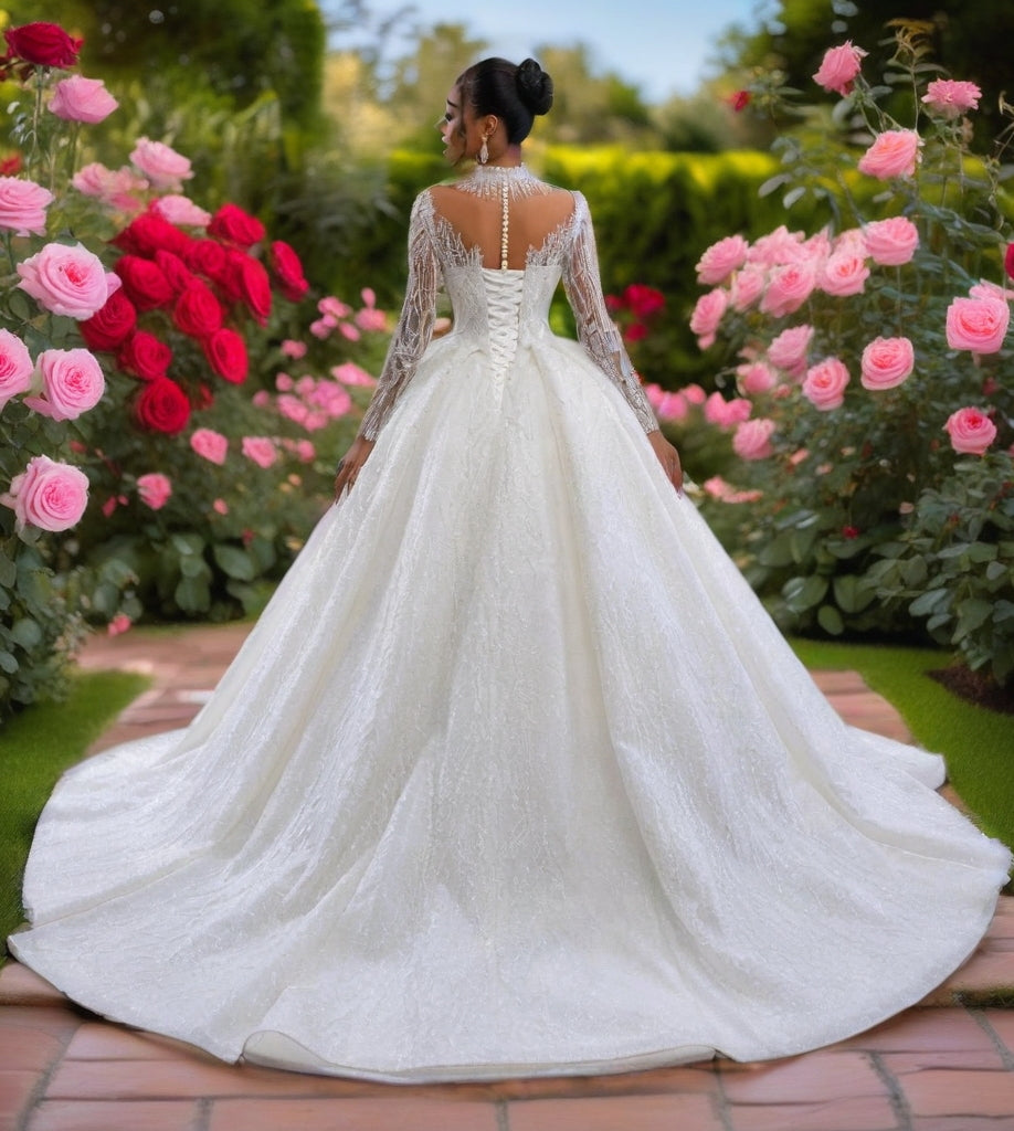 Crystal High Neck Ball Gown – Plus Size Wedding Dress with Long Sleeves & Cathedral Train