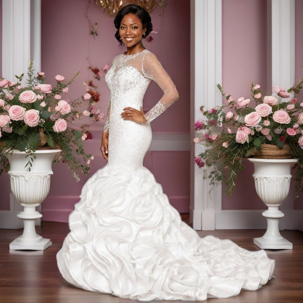 Lace Slim Fit Wedding Gown | Long Sleeve, Hollow Back, Lace-Up | Plus Size