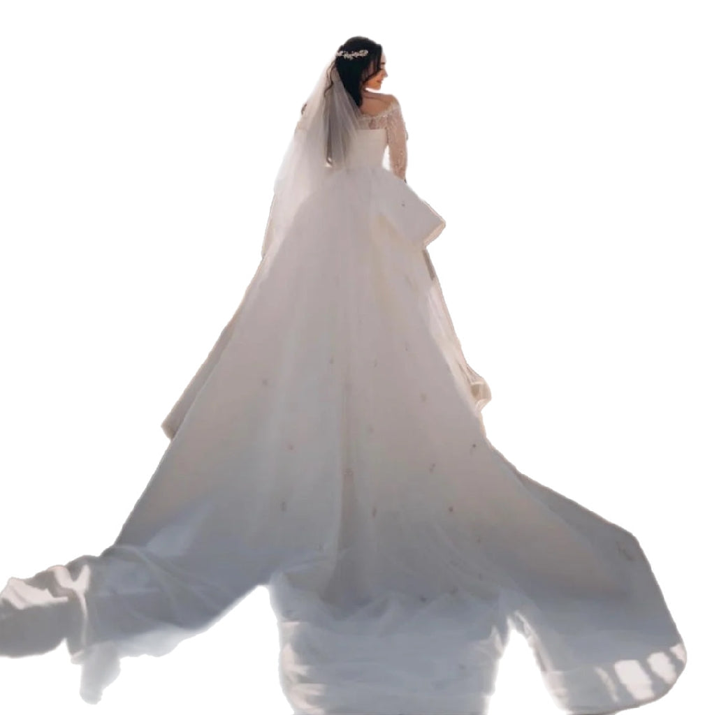 Off-Shoulder Mermaid Wedding Gown with Detachable Train | Lace Sleeves | Plus Size 2–26W