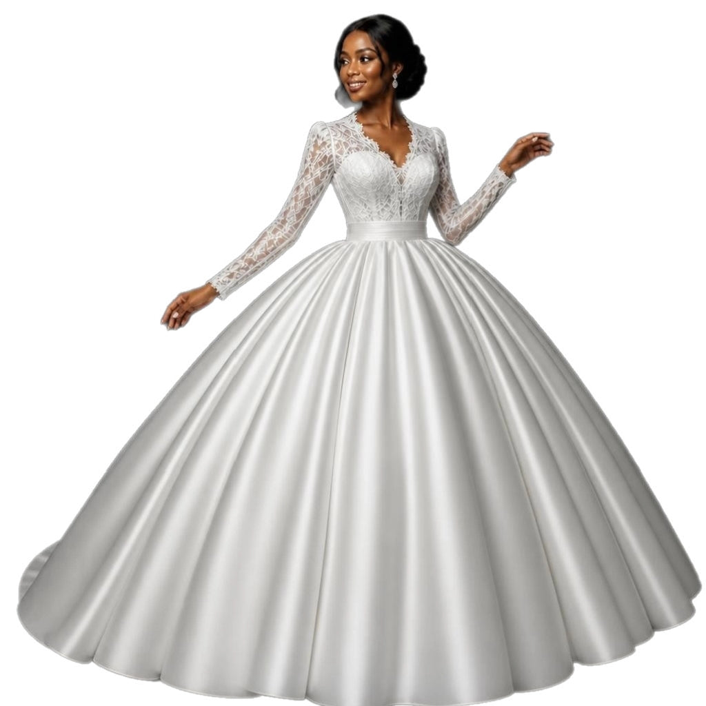Lace & Satin Ball Gown Wedding Dress with Long Sleeves