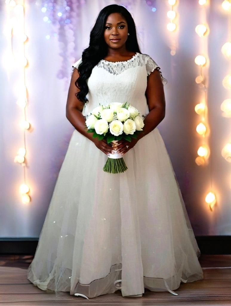 Elegant Plus Size Women  Short Sleeves  Wedding Gown