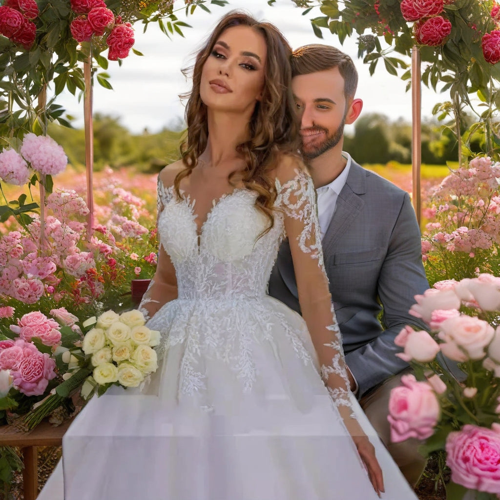 Sheer Lace Long Sleeve Ball Gown Plus Size Wedding Dress