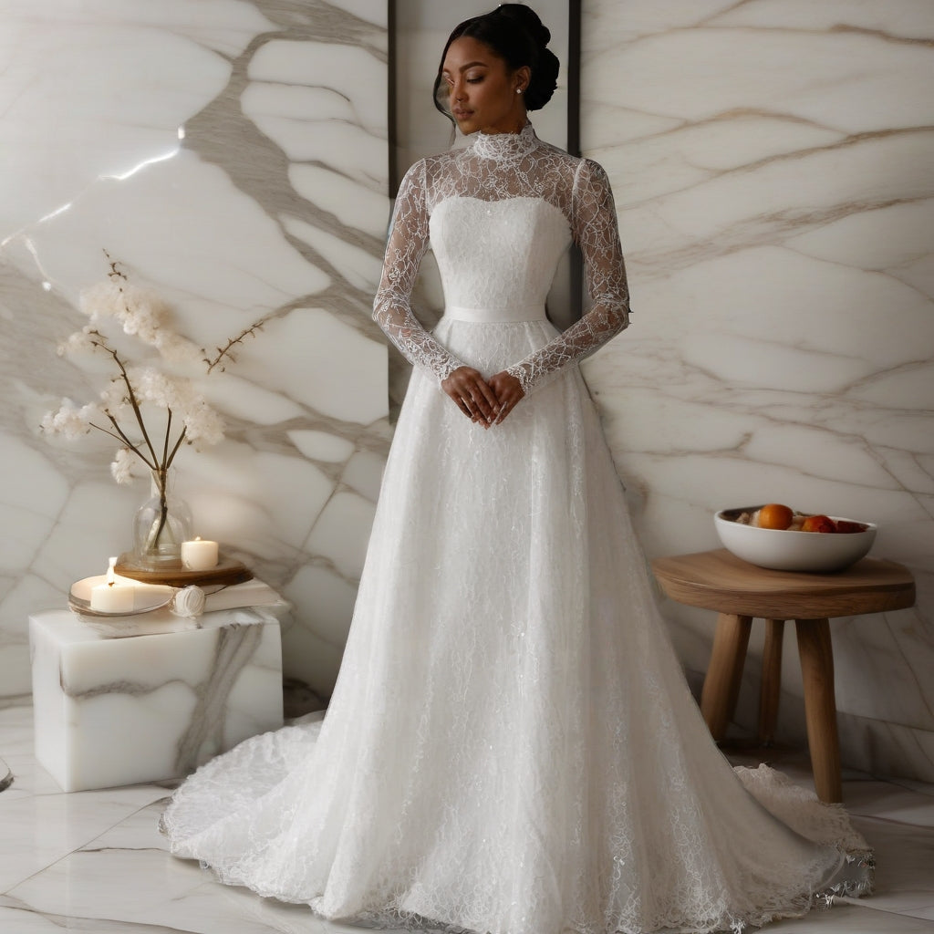 Long Sleeve Lace A-Line Wedding Gown with High Neck