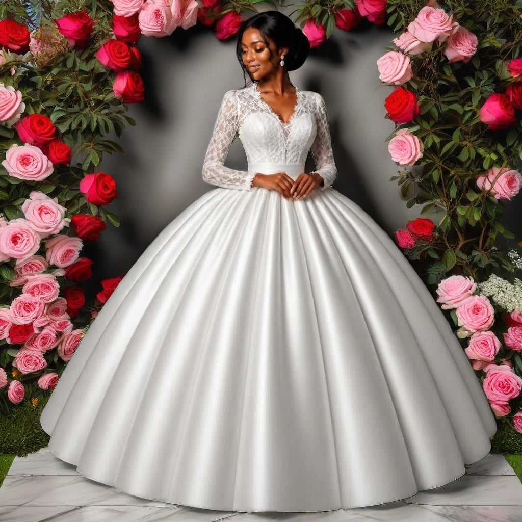 Lace & Satin Ball Gown Wedding Dress with Long Sleeves