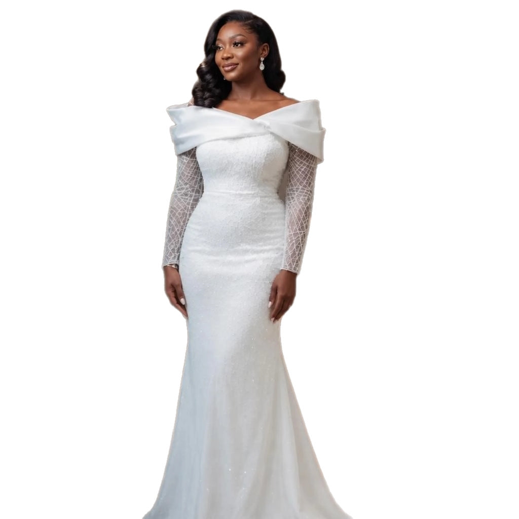 Sparkling long sleeves wedding gown.