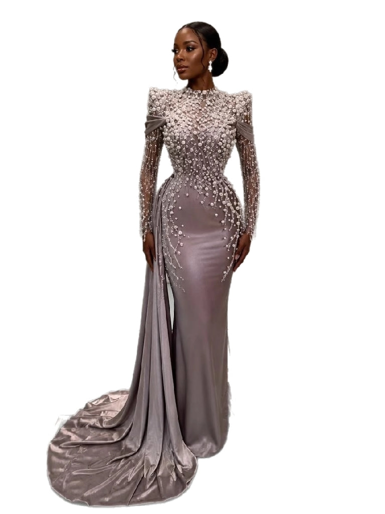 Made-to-Order Long Sleeve Embellished Gown with Train