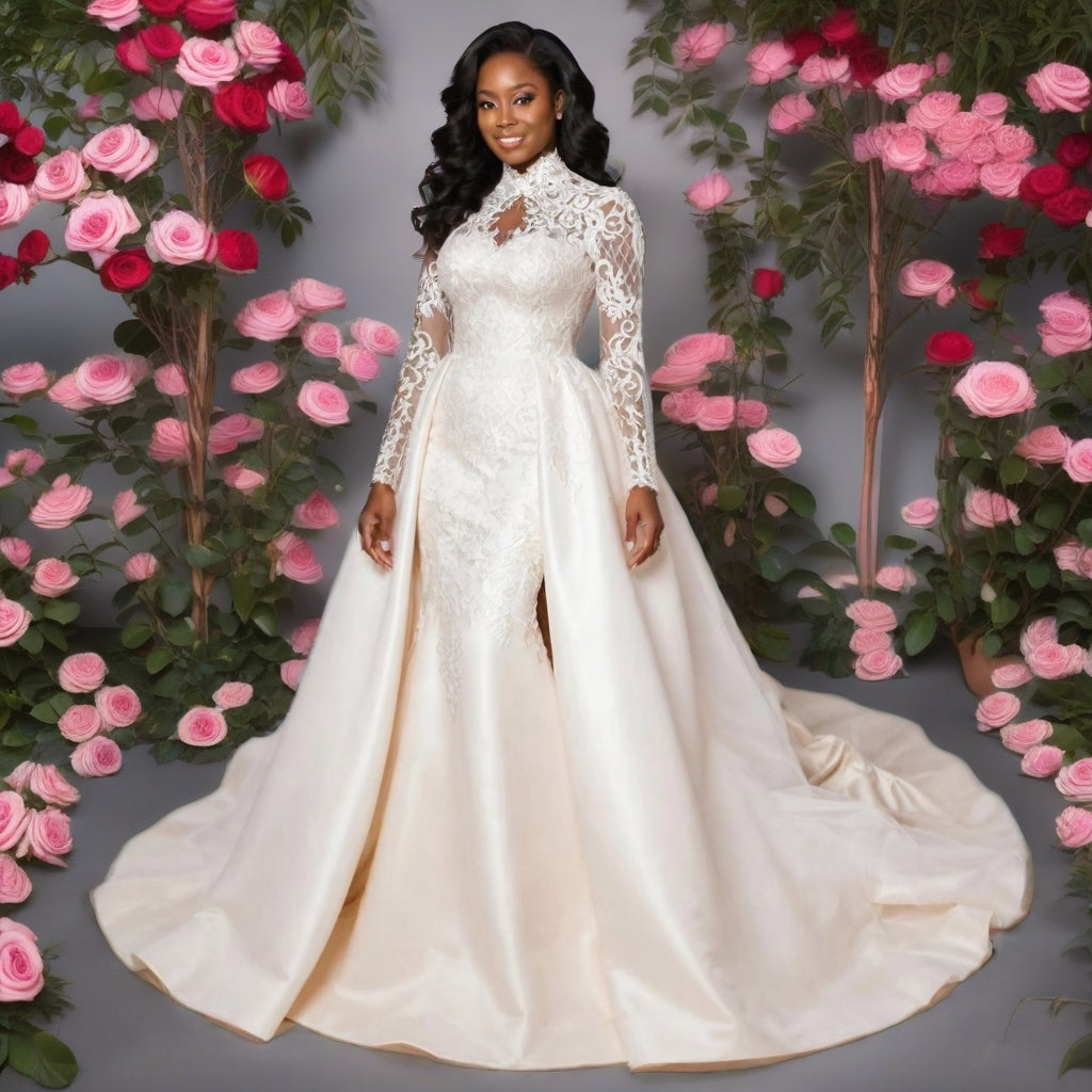 High Neck Lace Long Sleeve Plus Size Wedding Gown with Detachable lace Train