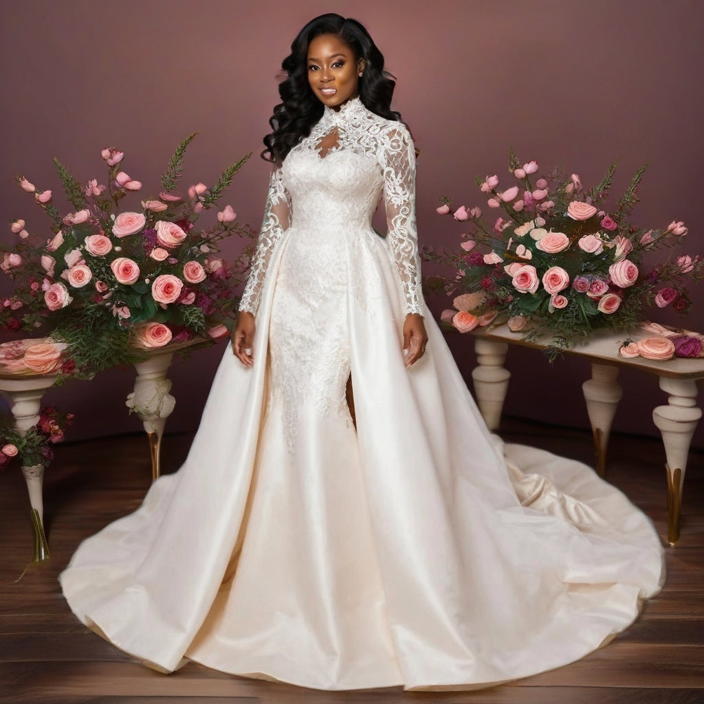 High Neck Lace Long Sleeve Plus Size Wedding Gown with Detachable lace Train