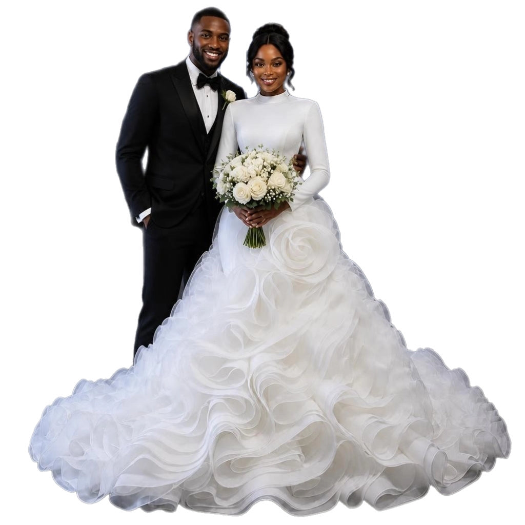 Plus Size Long Sleeve High Neck Ruffle Ball Gown – Ivory – Made to Order
