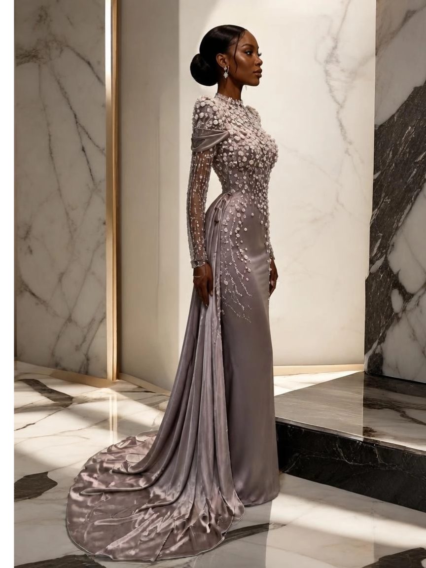 Made-to-Order Long Sleeve Embellished Gown with Train