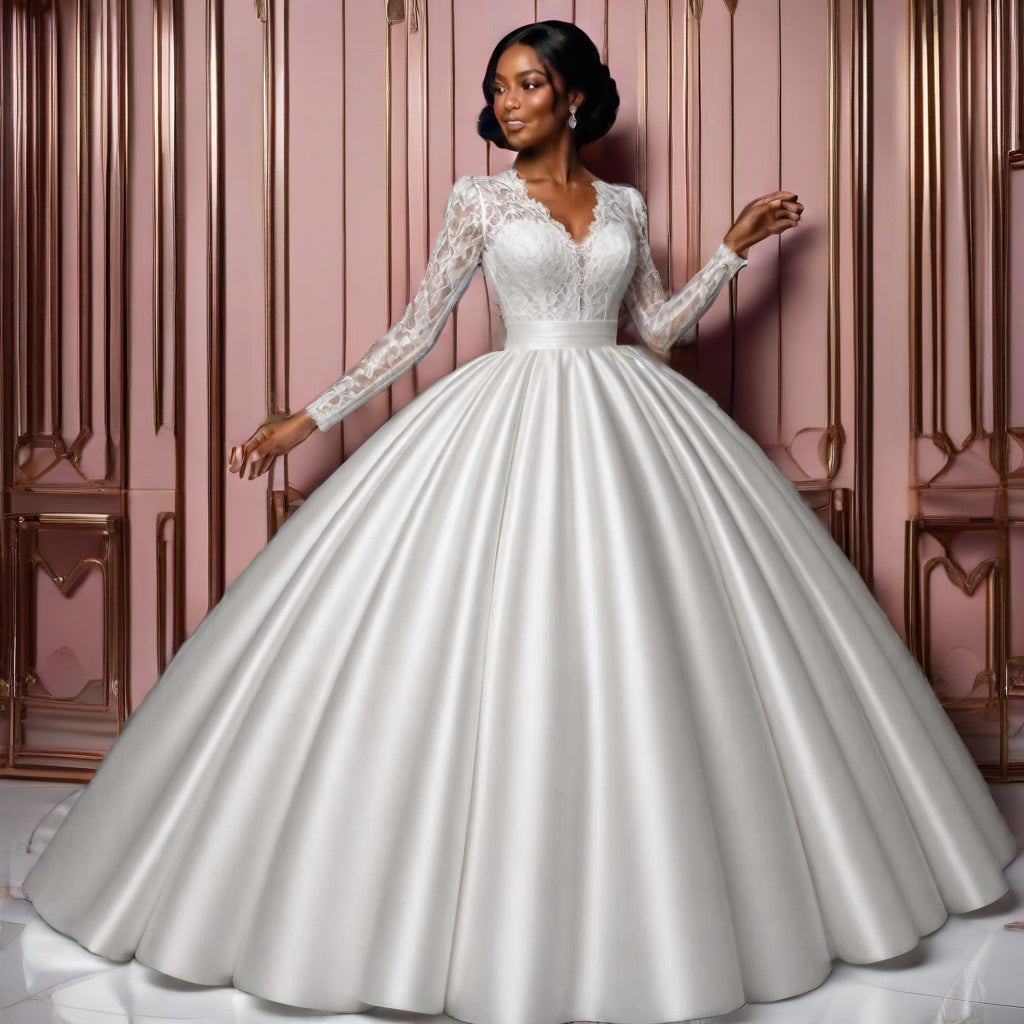 Lace & Satin Ball Gown Wedding Dress with Long Sleeves