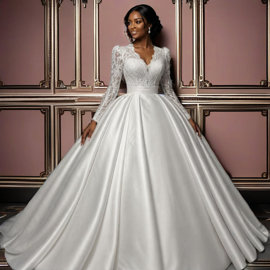 Lace & Satin Ball Gown Wedding Dress with Long Sleeves