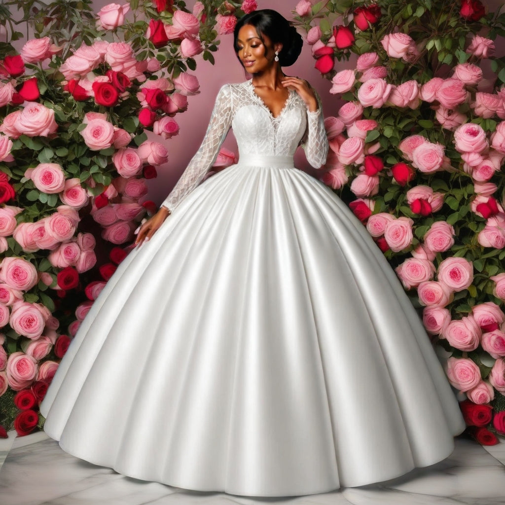Lace & Satin Ball Gown Wedding Dress with Long Sleeves