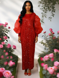 Elegant Red Maxi Sequin Dress with Ruffled Sleeves